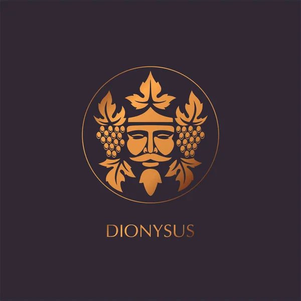 Man Gezicht Logo Met Druiven Bessen Bladeren Bacchus Dionysus Antieke — Stockvector