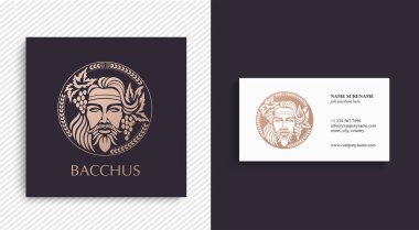 Adamın yüzü üzüm ve yapraklarla süslenmiş. Baküs ya da Dionysos. Şarap üreticileri ve bira üreticileri için bir tarz. Vektör illüstrasyonu