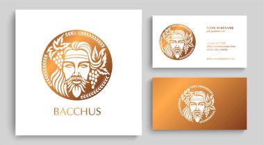 Adamın yüzü üzüm ve yapraklarla süslenmiş. Baküs ya da Dionysos. Şarap üreticileri ve bira üreticileri için bir tarz. Vektör illüstrasyonu