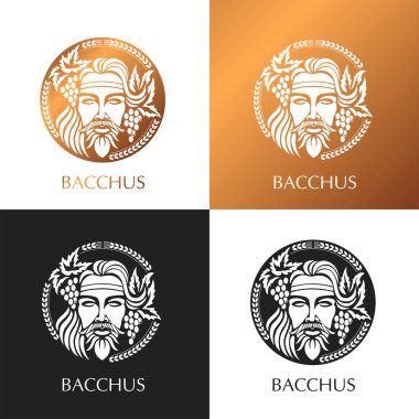 Adamın yüzü üzüm ve yapraklarla süslenmiş. Baküs ya da Dionysos. Şarap üreticileri ve bira üreticileri için bir tarz. Vektör illüstrasyonu