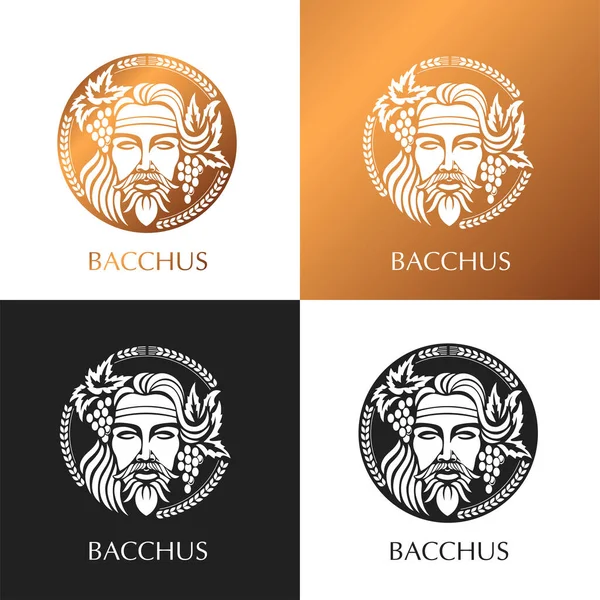 Man Gezicht Logo Met Druiven Bessen Bladeren Bacchus Dionysus Een — Stockvector