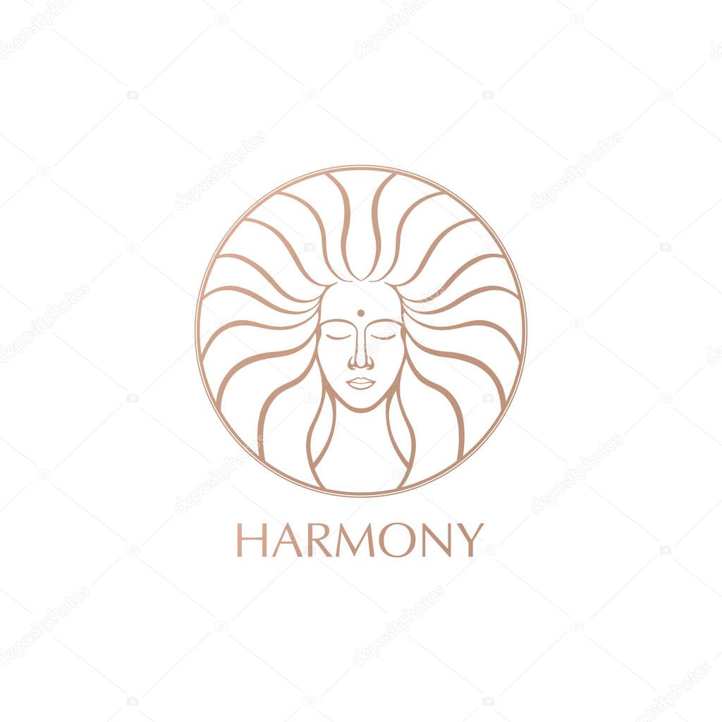 Female face logo. Emblem for a beauty or yoga salon. Style of harmony and beauty.