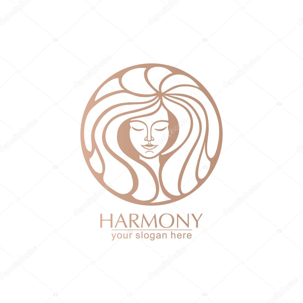 Female face logo. Emblem for a beauty or yoga salon. Style of harmony and beauty.