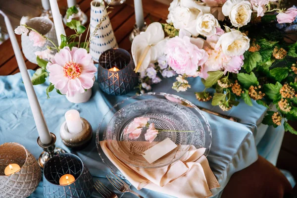 Festive Table Skyblue Tablecloth Decorated Candles Peony Flowers — Stock Photo, Image