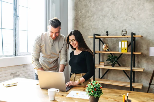 Coppia di colleghi amichevoli lavorano in ufficio — Foto Stock