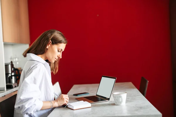 Junge Frau arbeitet von zu Hause aus mit Laptop — Stockfoto