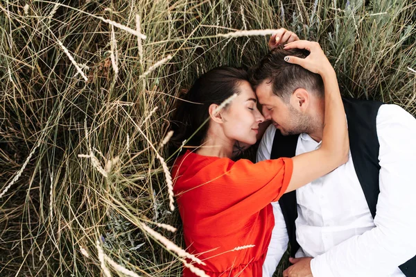 Pareja enamorada entre hierba alta en el prado —  Fotos de Stock