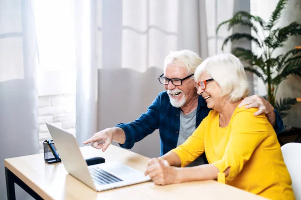 Szczęśliwa para seniorów korzysta z laptopa wewnątrz — Zdjęcie stockowe