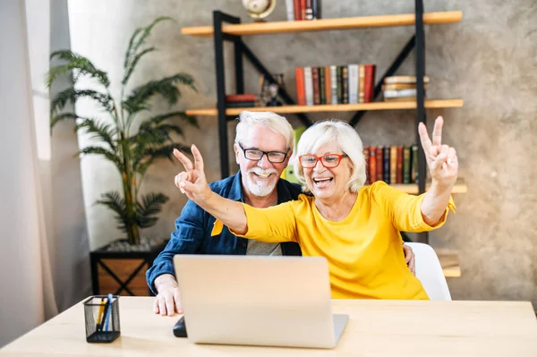 上了年纪的夫妻笑着坐在笔记本电脑上 — 图库照片