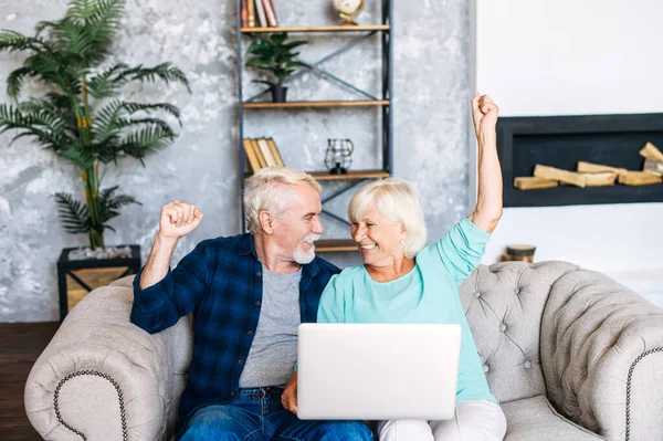 Senior koppel met een laptop binnen — Stockfoto