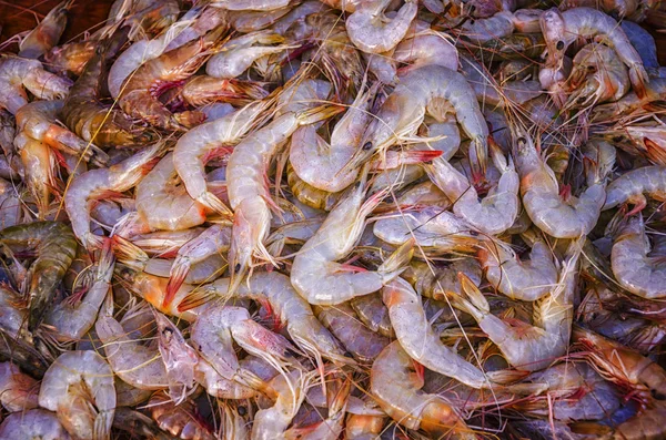 Crevettes Fraîches Pile Crevettes Crues Dans Marché Aux Poissons Texture — Photo