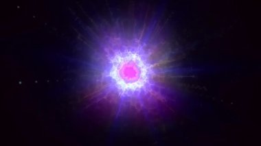 Soyut yaratıcı kozmik arka plan. Başka bir galakside hiper atlama. Işık hızı, Neon parlayan ışınları hareket. Güzel havai fişek, renkli patlama, büyük patlama. Yıldızlar arasında hareket ediyor. Dikişsiz döngü