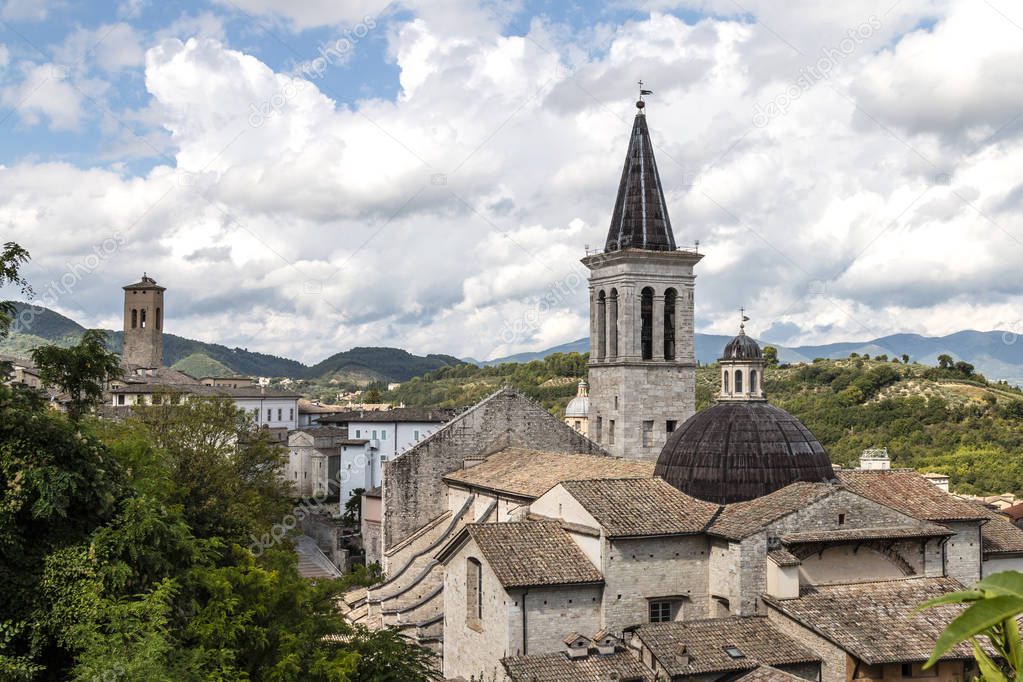 The cathedral of the city of Spoleto, view from Rocca Albornoziana, Umbria, Italy