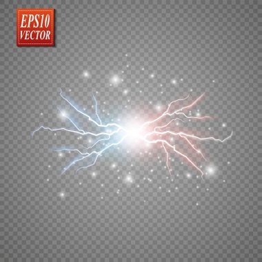 Sıcak ve soğuk köpüklü gücü. Saydam bir arka plan üzerinde izole bir elektrik boşalması ile yıldırım enerji. İki güç kırmızı ve mavi ışık ile çarpışması. Vektör çizim. V S