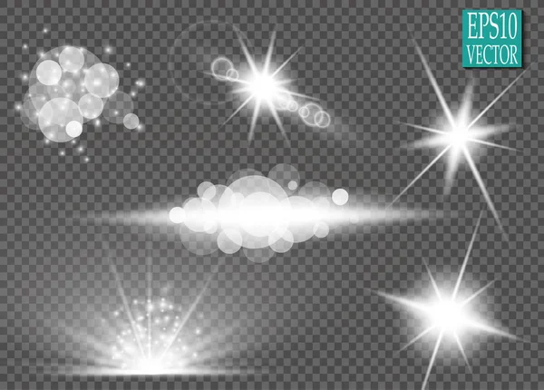 Set van lichte glanseffect sterren barst met sparkles geïsoleerd op transparante achtergrond. Voor illustratie kunst sjabloonontwerp, banner voor Kerstmis vieren, magische flash energie ray — Stockvector