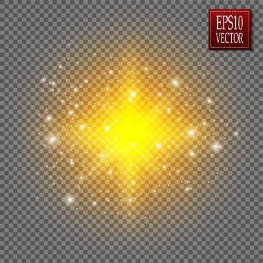 Altın parlayan kümesi üzerinde şeffaf arka plan izole etkileri ışıklar. Güneş ışınları ile flash ve spot. Parlama ışık efekti. Yıldız patlaması ile parıldıyor.