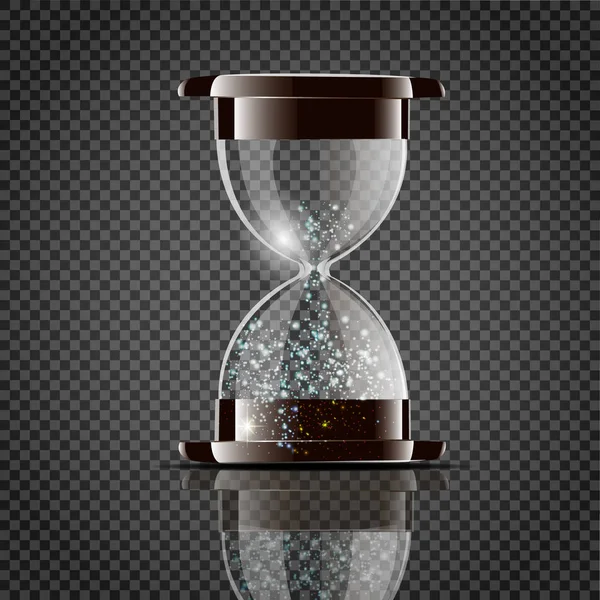 Reloj de arena transparente verdadero aislado sobre fondo blanco. Temporizador de vidrio de arena simple y elegante. Ilustración 3d reloj de arena icono — Vector de stock