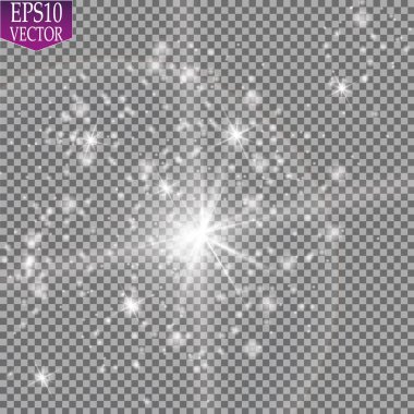 Altın parlayan kümesi üzerinde şeffaf arka plan izole etkileri ışıklar. Güneş ışınları ile flash ve spot. Parlama ışık efekti. Yıldız patlaması ile parıldıyor.