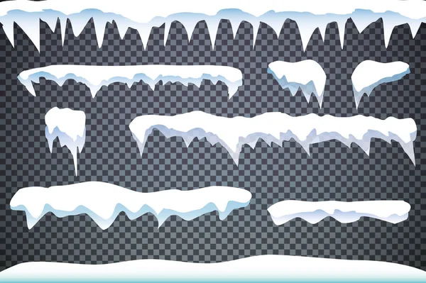 Conjunto de carámbanos de nieve, gorra aislada. Elementos nevados sobre fondo invernal. Plantilla vectorial en estilo de dibujos animados — Archivo Imágenes Vectoriales