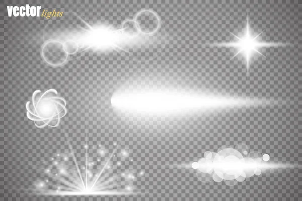 Reihe von leuchtenden Lichteffekten Sterne platzt mit Funkeln isoliert auf transparentem Hintergrund. für Illustration Vorlage Kunstdesign, Banner für Weihnachten feiern, Magie Blitz Energie Strahl — Stockvektor