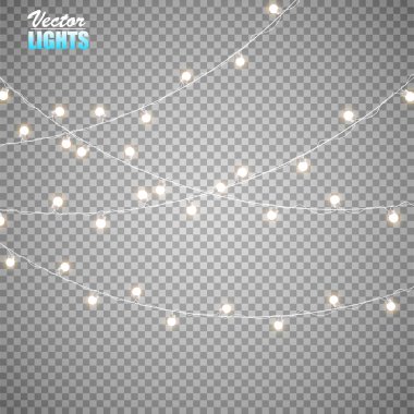 Noel ışıkları üzerinde şeffaf arka plan izole. Altın xmas parlayan garland kümesi. Vektör çizim