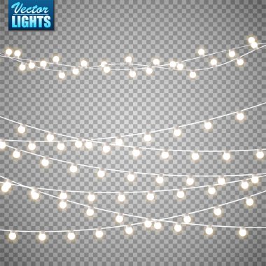 Noel ışıkları üzerinde şeffaf arka plan izole. Altın xmas parlayan garland kümesi. Vektör çizim