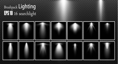 A set of searchlights. Vector light sources, concert lighting, steel floodlights. Concert spotlight with a beam, illuminated spotlights for web design illustration clipart