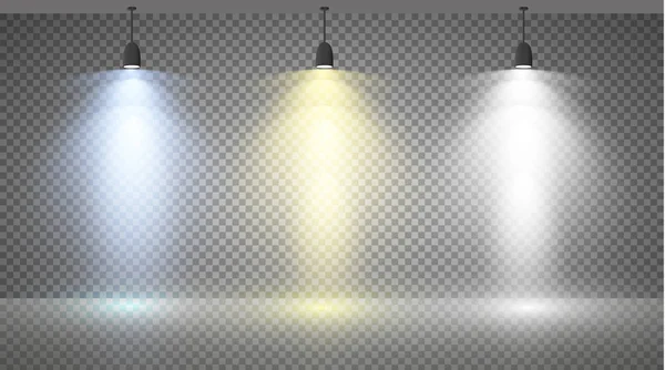 Uppsättning färgade sökljus på en transparent bakgrund. Ljus belysning med spotlights. Sökljuset är vitt, blått — Stock vektor