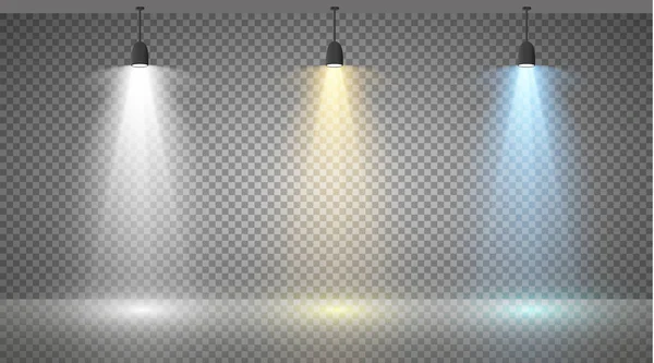 Set de reflectores de colores sobre fondo transparente. Iluminación brillante con proyectores. El reflector es blanco, azul — Archivo Imágenes Vectoriales