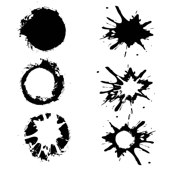 Set of black hand-painted blots, on white background and ink splatter. Vector and abstract elements for design in grunge style — Stock Vector
