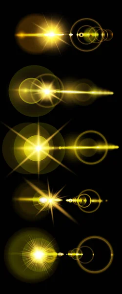 Набор золотых солнечных объективов является полупрозрачной специальной конструкцией светового эффекта. Векторное размытие в свете сияния. Изолированный прозрачный фон. Элемент декора. Горизонтальные лучи света — стоковый вектор