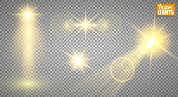 Light effects. A set of golden shining lights isolated on a transparent background. The flash flashes with rays and a searchlight. A splash of stars with sparkles