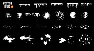 Boya, beyaz beyaz damla büyük bir set smear, lekeleri, engelliyor, fırçalar, çizgiler, kaba. Boya, beyaz fırça darbeleri sanatsal tasarım unsurları. Vektör çizim. Siyah arka plan üzerine izole