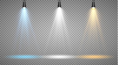 Şeffaf bir arkaplanda renkli projektörler. Spot ışıklarıyla parlak bir ışık. Projektör beyaz, mavi