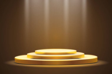 Karanlık bir arka plan, ilk yer, şöhret ve popülerlik bir spot ışığı ile altın podyum. Vektör çizim