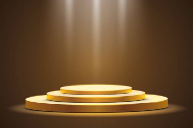 Karanlık bir arka plan, ilk yer, şöhret ve popülerlik bir spot ışığı ile altın podyum. Vektör çizim