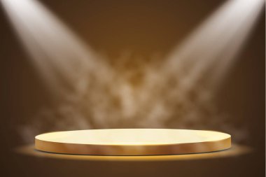 Sis, ilk yer, şöhret ve popülerlik ile karanlık bir arka plan üzerinde bir projektör ile altın podyum. Vektör çizim