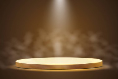 Sis, ilk yer, şöhret ve popülerlik ile karanlık bir arka plan üzerinde bir projektör ile altın podyum. Vektör çizim