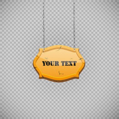 Ahşap bir işaret, bir işaret bir çiviye asılı bir ip ile. vektör çizim. Şeffaf bir arka plan üzerinde metninizle birlikte