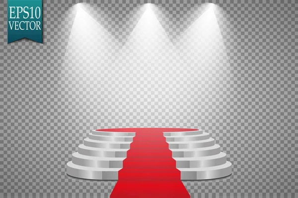 Red carpet en ronde podium met verlichting effect, abstracte achtergrond, vector — Stockvector