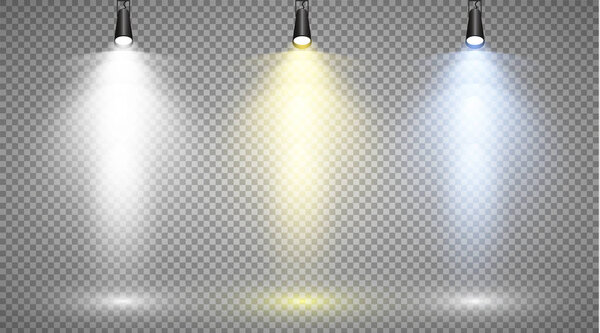 Set of colored searchlights on a transparent background. Bright lighting with spotlights. The searchlight is white, blue