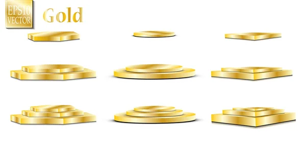 Ensemble de podiums en or, ensemble de différentes étapes de couleur dorée, sur fond blanc Illustration vectorielle — Image vectorielle