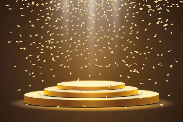 Sis ve konfeti, ilk etapta, şöhret ve popülerlik ile karanlık bir arka plan üzerinde bir projektör ile altın podyum. Vektör çizim