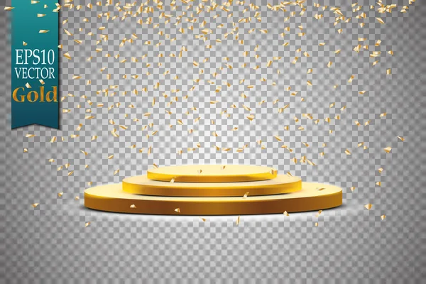 Gouden podium met een schijnwerper op een donkere achtergrond, met mist en confetti, de eerste plaats, roem en populariteit. Vectorillustratie — Stockvector
