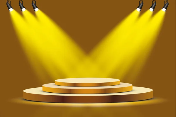 Golden podium with a spotlight on a dark background, the first place, fame and popularity. Vector illustration — Stock Vector