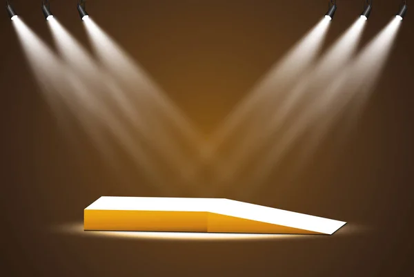 Goldenes Podium mit einem Scheinwerfer auf dunklem Hintergrund, dem ersten Platz, Ruhm und Popularität. Vektorillustration — Stockvektor