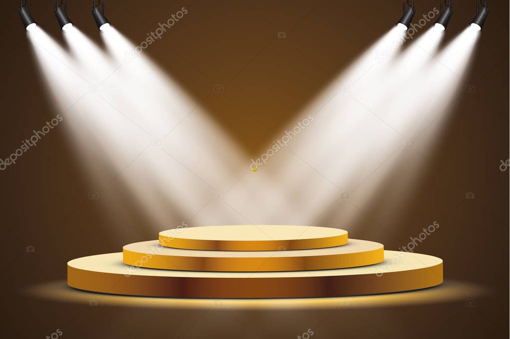 Golden podium with a spotlight on a dark background, the first place, fame and popularity. Vector illustration