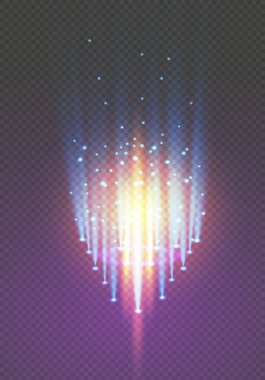 Sihirli fantezi kapısı. Fütürist ışınlanma. Işık etkisi. Şeffaf arkaplanda kıvılcımlar olan bir gece sahnesinin mavi mumları. Kürsünün boş ışık efekti. Disko kulübü dans pisti.