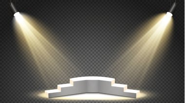 Şeffaf bir arkaplanda renkli projektörler. Spot ışıklarıyla parlak bir ışık. Projektör beyaz, mavi