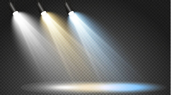 Set of colored searchlights on a transparent background. Bright lighting with spotlights. The searchlight is white, blue